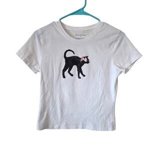 House of Cotton Womens Black Cat Short Sleeve Baby Tee Size Medium White
